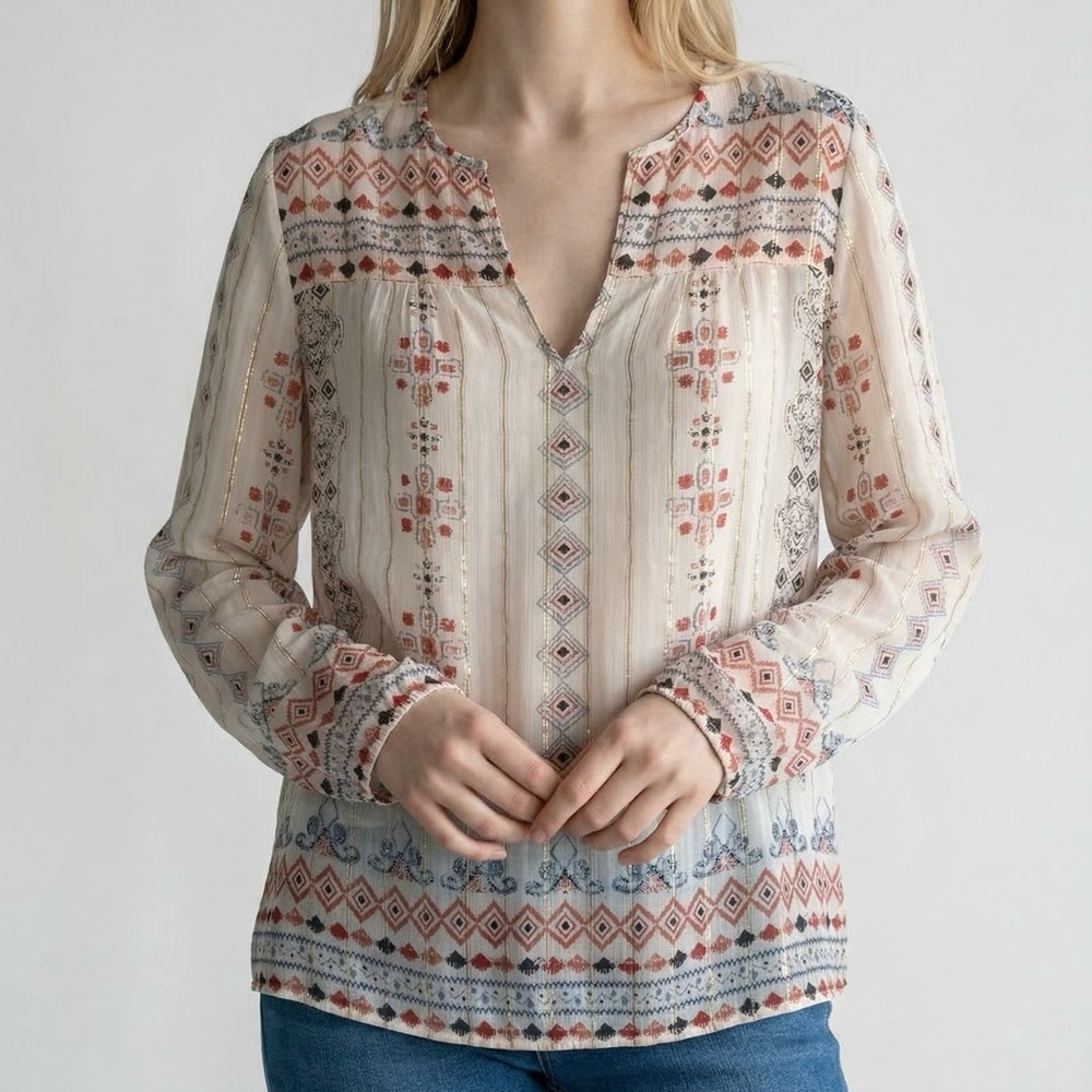 Joie Maguie 98% Silk Blouse in Porcelain Tribal Print with Gold Lurex Stripes